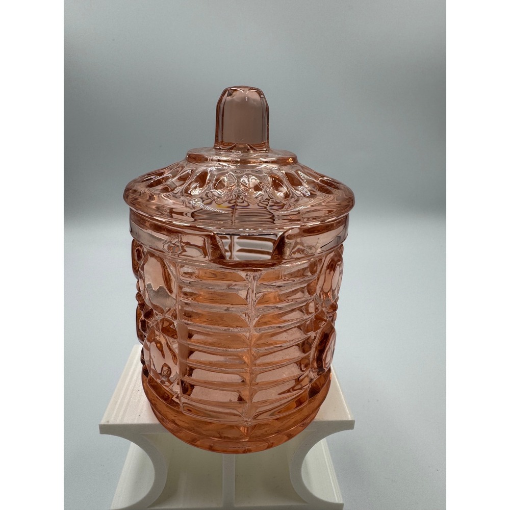 Pink Depression Glass Jam Jar with Lid Spoon Notch Quilted Pattern